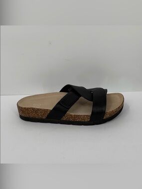 ABEO Lizzy slide sandal shoe black leather comfort footbed woven wide strap 8